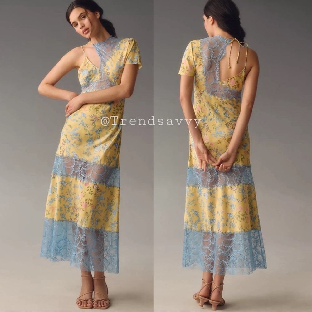 Anthropologie Geisha Designs Floral Lace One Shoulder Maxi Dress Yellow Blue M